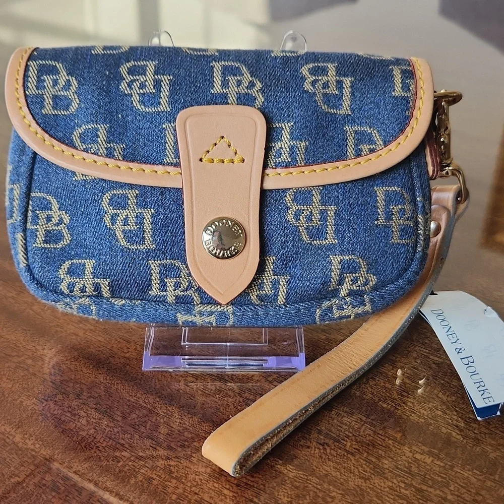 Dooney & Bourke Denim Blue and Tan Logo Flap Wristlet NWT